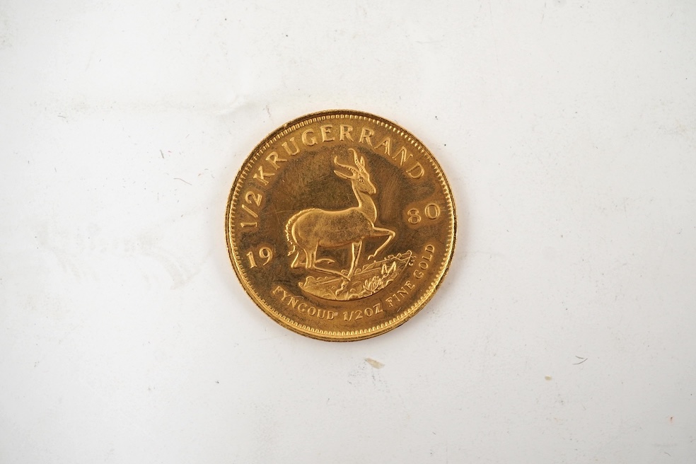 Gold coins, South Africa, gold Half Krugerrand, 1980, about UNC.